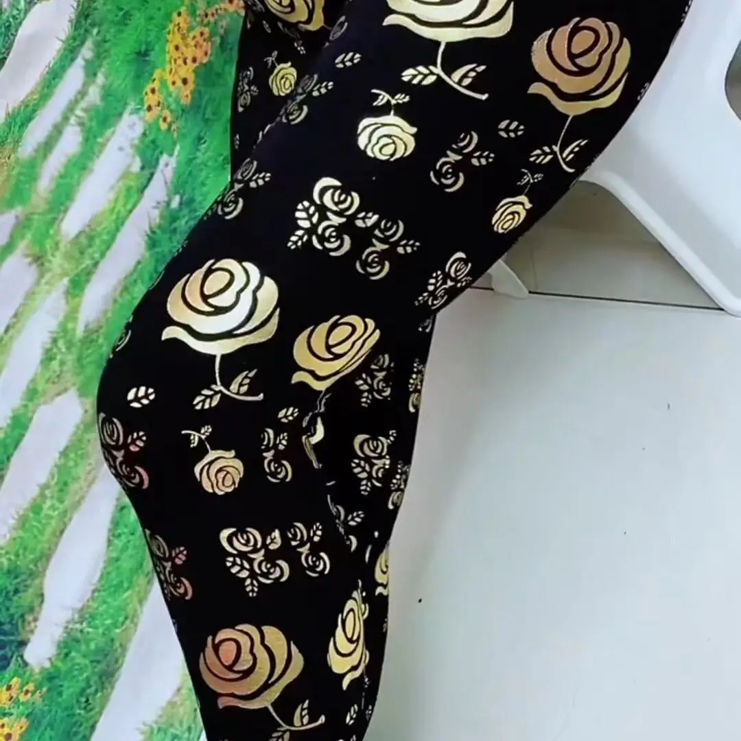 Summer Rose Sequin Print Black Women's Leggings Pants High Waist Plus Size Pencil Trousers