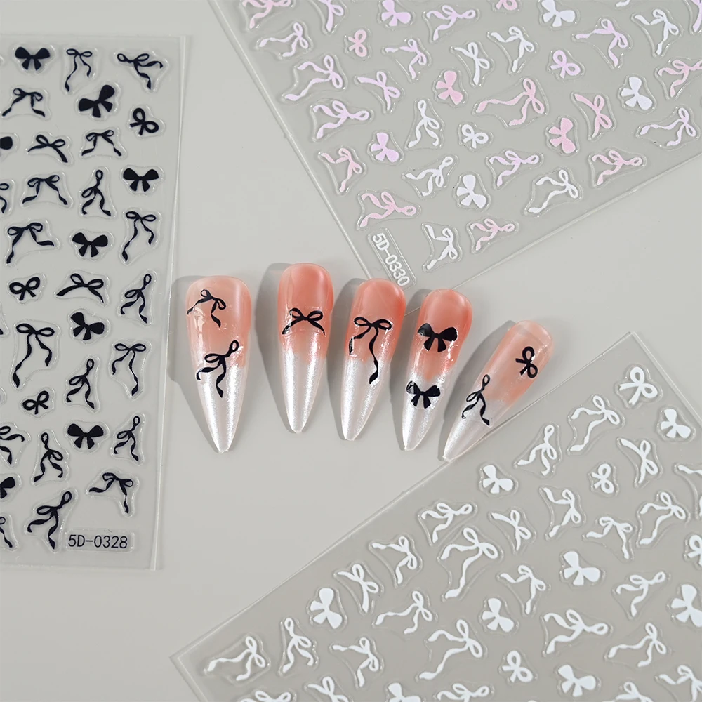5D White Pink Bow Tie Nail Sticker Mini Bowknot Self Adhesive Nail Art Decoration Sticker Lace Ribbons Manicure Sliders Decals &