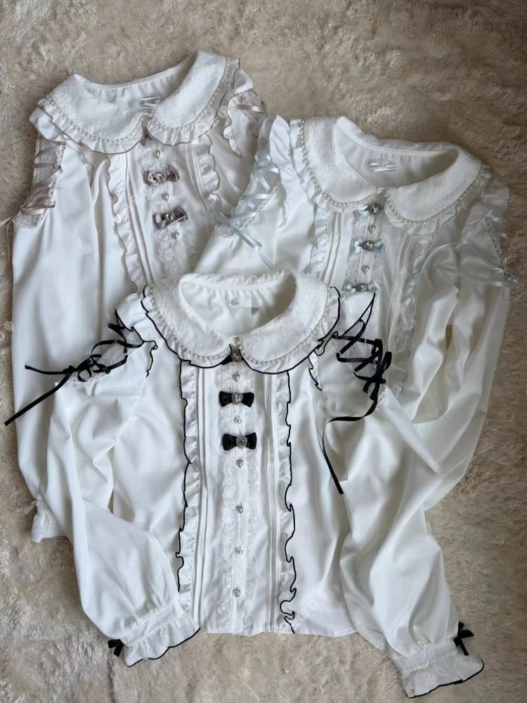 

Japanese Cute High-end Heavy Pearl Collar Lace Strap Long Sleeves Shirt Women's 2026 New Sweet Harajuku Girl Blouse Lolita Tops