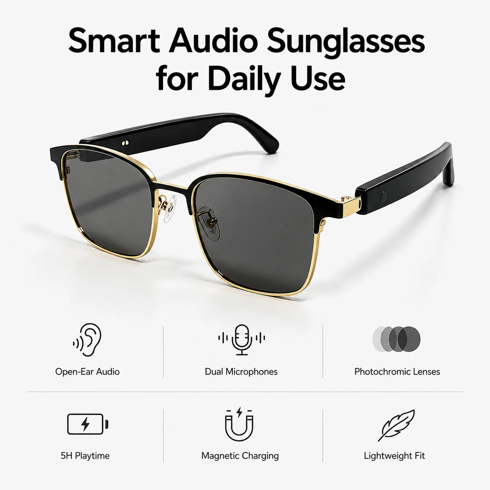 Bluetooth Glasses For Driving Cycling, Open Ear Audio, Smart Ai Voice Control, Photochromic Sunglasses Smartglasses For Office