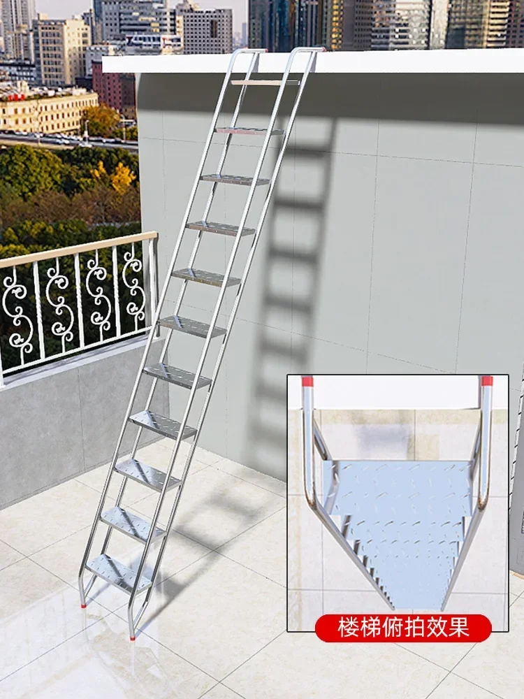 Thickened 304 stainless steel outdoor staircase, home outdoor ladder, bungalow balcony ladder with handrails, steel ladder