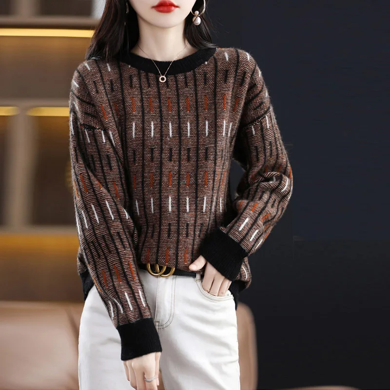 Women Clothing Vintage Chic Soft Wool Pullovers Autumn Winter Comfortable Warm Loose Knitted Sweaters Fashion Warm O-neck Tops