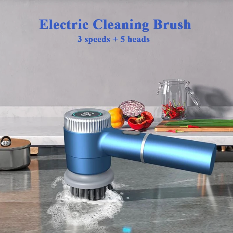 5-in-1 무선 전기 청소 브러시 ​​다기능 욕실 주방 청소 방수 회전 브러시 3 속도 5 헤드