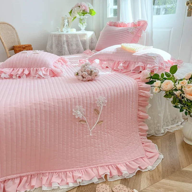 Solid Color High Quality Cotton Thicken Bed Cover Quilted Princess  Bed Skirt Bed Sheet Bedspread Mattress Cover Pillowcases