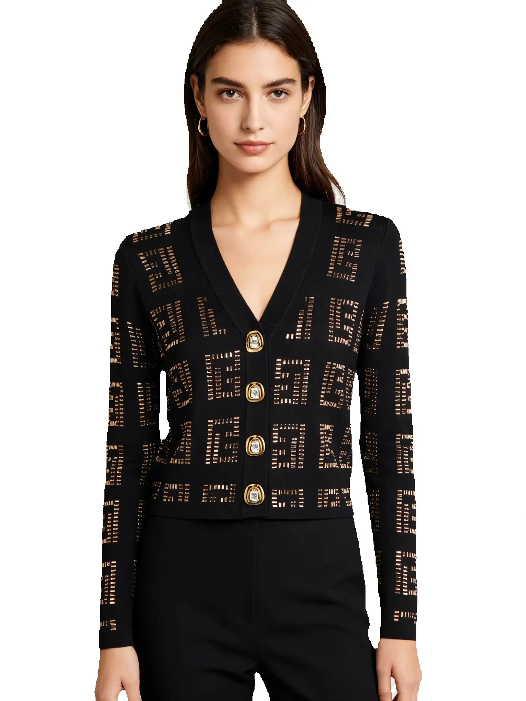 Three Color New European And American Style Geometric Long Sleeved V-neck Diamond Buckle Casual Commuting Women's Cardigan