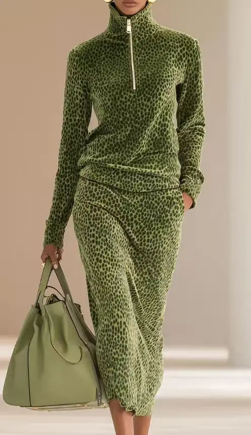 

SKMY New Fashion Temperament Leopard Printed Spring And Autumn Winter Casual Long Sleeve Zipper Tops Skirts Two Piece Sets Women