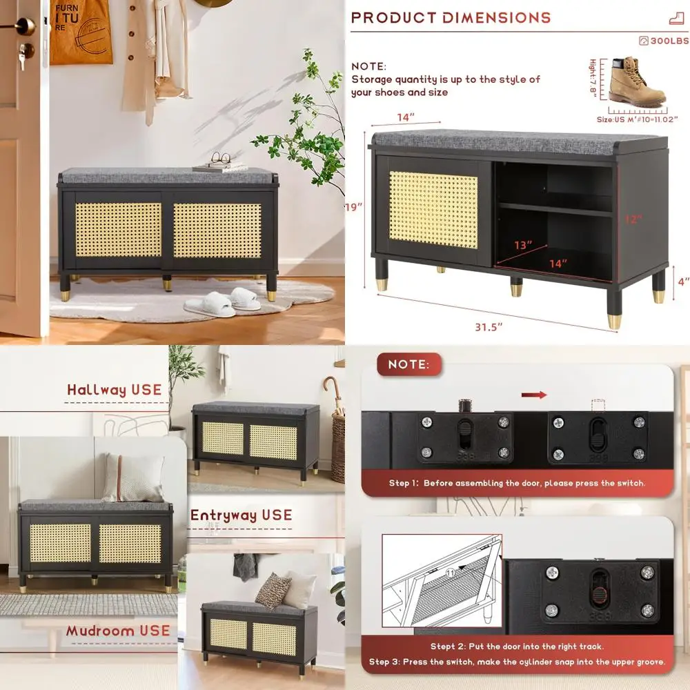 

rattan door shoe storage bench with cushioned seat for entryway
