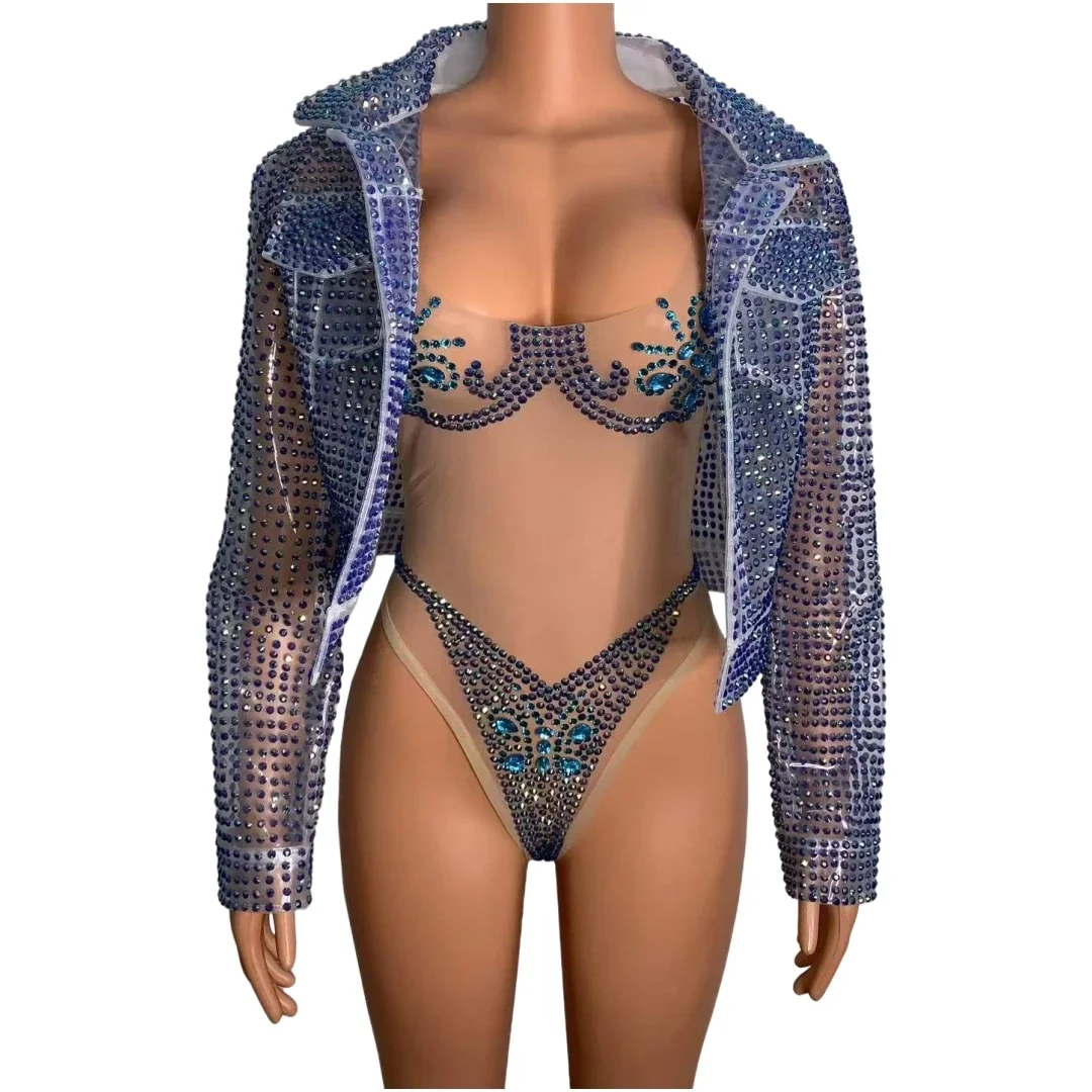 Luxury Rhinestone Jacket One Piece Bodysuits For Women See Thru Singer Pageant Night Out Wear Drag Queen Show Costume 2024 New