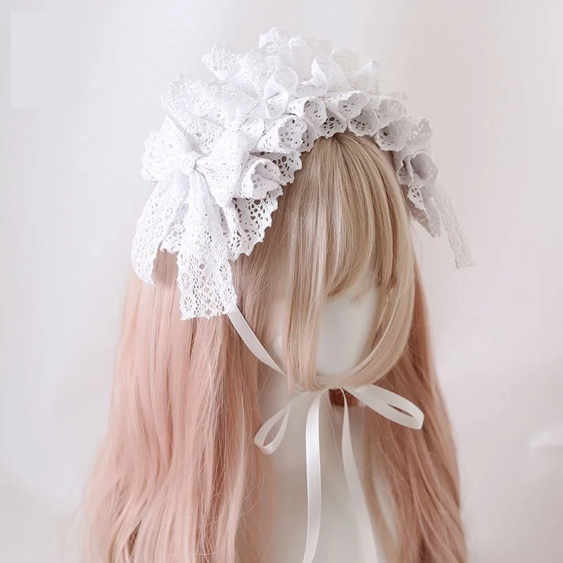 Czarny/biały/beżowy Lolita Girl koronkowa opaska do włosów japoński Kawaii nakrycie głowy krawat Cosplay Anime pokojówka śliczne akcesoria do włosów