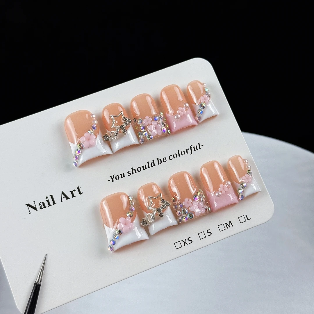 Nail Art Gliter - 10個入り ハイエンドでファッショナブルな豪華スタイル、手描きの模様、星、きらめく宝石をあしらった手作りのフェイクネイル