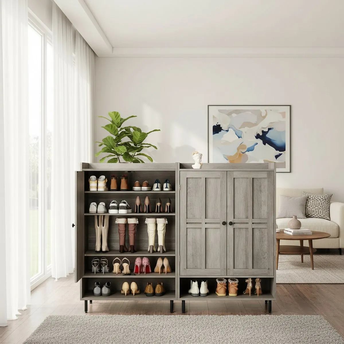 Tall 6 Tier Shoe Storage Cabinet Gray Wash Entryway Organizer Holds 18 24 Pairs Adjustable Shelves Metal Legs
