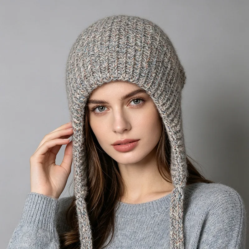 Cute Pink Knit Beanie for Women Winter Ear Flap Hat Warm Fuzzy Ski Cap Face Slimming Outdoor Daily Wear