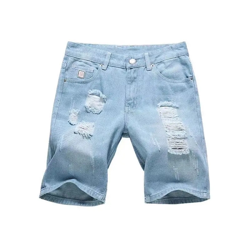 Men's Distressed Denim Shorts 5 Inch Inseam Summer Baggy Loose Fit Thin Washed Denim Shorts Korean Style