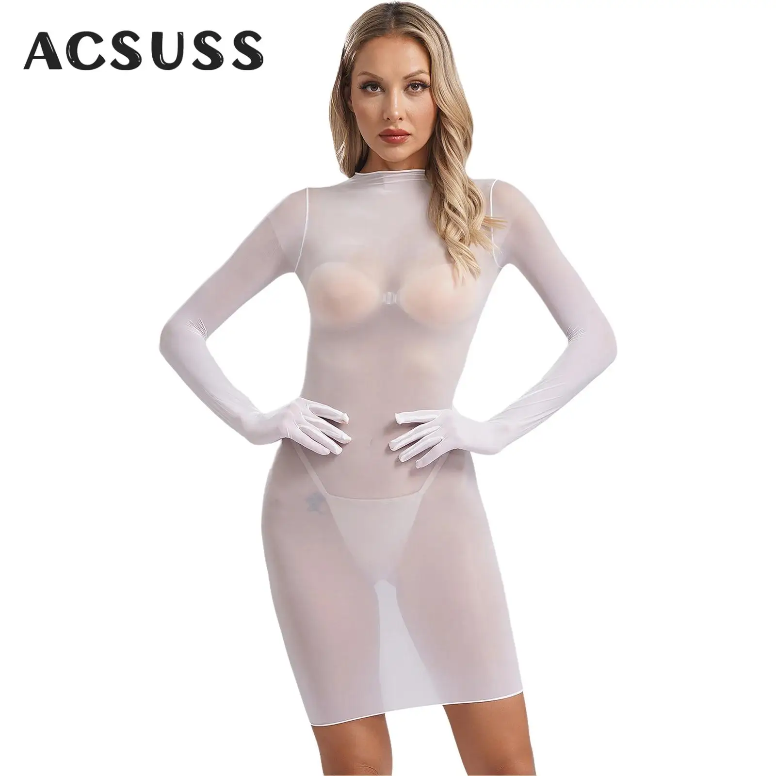 

Women See Through Sheer Bodycon Dress Long Sleeve Stretchy Gloved Nightdress Slim Fit Tight Teddies Lingerie Nightwear Sleepwear