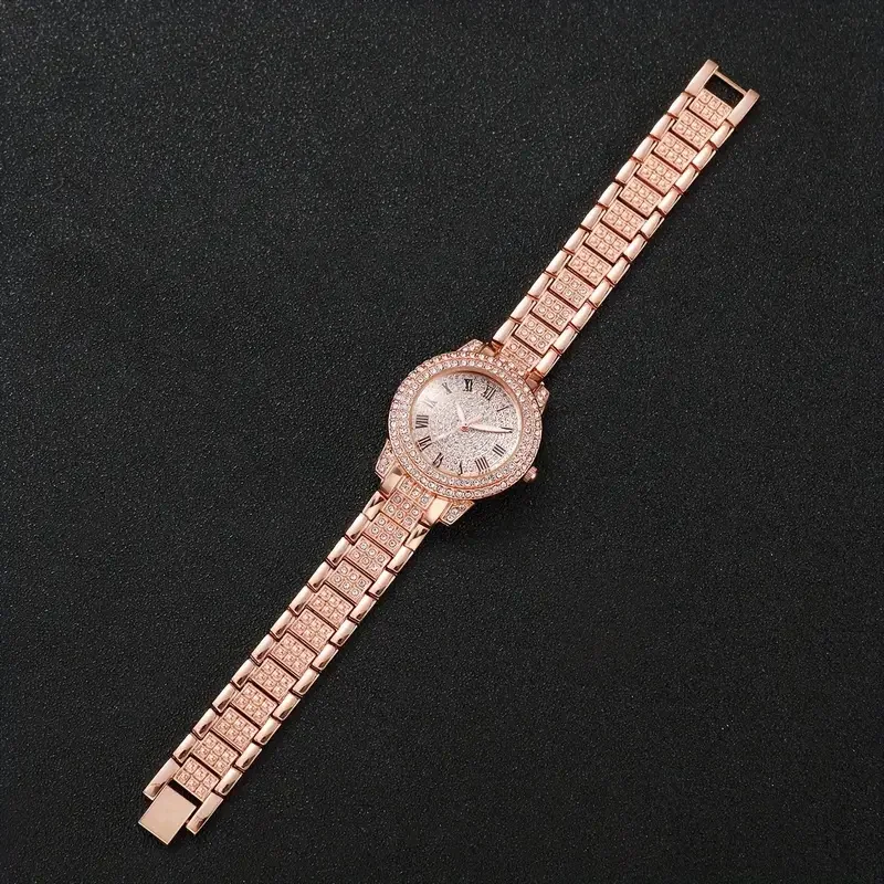 1PCS Luxury fashion gold silver rose gold alloy full diamond Roman quartz watch gift set business occasions all the pieces