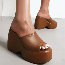 High-Heeled Shoes Lady Ladies' Slippers On A Wedge Black Sandals Platform Slipers Women Summer Beige 2025 Slides Solid Super