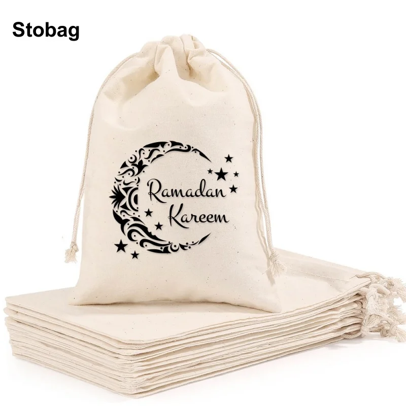 

StoBag 50pcs Wholesale New Eid Mubarak Ramadan Cotton Drawstring Bags Small Bundle Pocket Kids Candy Gift Package Reusable Pouch