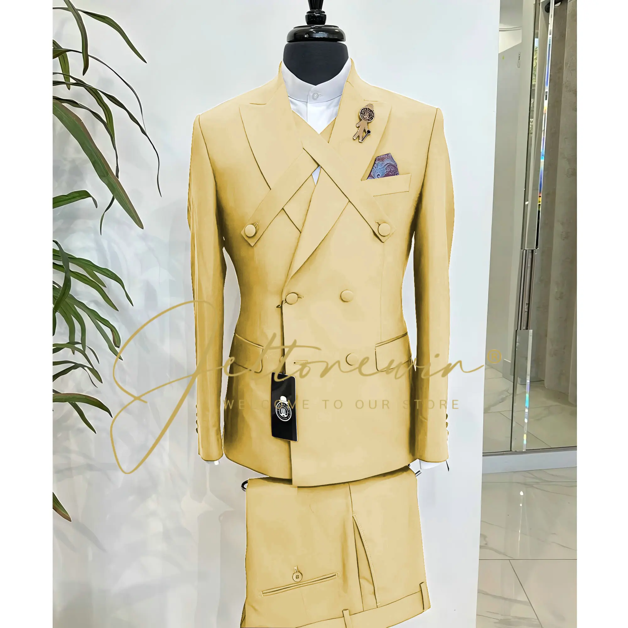 بدل رجالية بيج غير رسمية مزدوجة الصدر ذروة التلبيب سليم صالح حفل زفاف البدلات الرسمية الذكور الملابس 2 قطعة سترة السراويل مجموعات