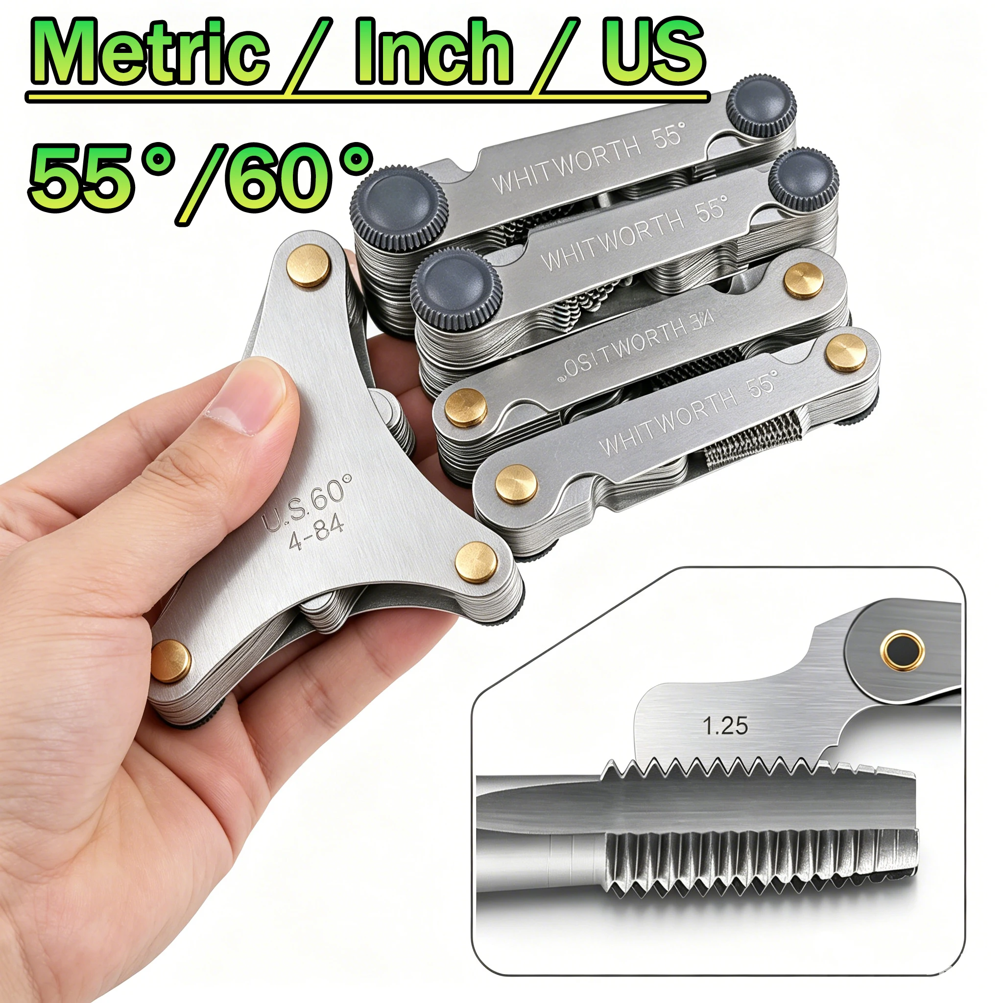 55-60 Degree Stainless Steel Screw Gauge Metric Iinch Screw Thread Pitch Gauge Blade Gage Pitch Folding Measuring Gauging Tool