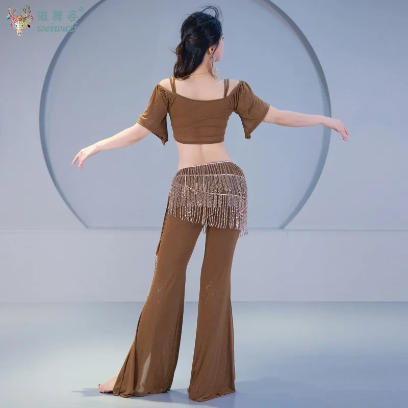 Tenue de danse du ventre à franges pour femmes, 3 pièces, Costume de danse orientale, équipe de base, strass scintillants, pantalons longs, haut en gaze, nouvelle collection