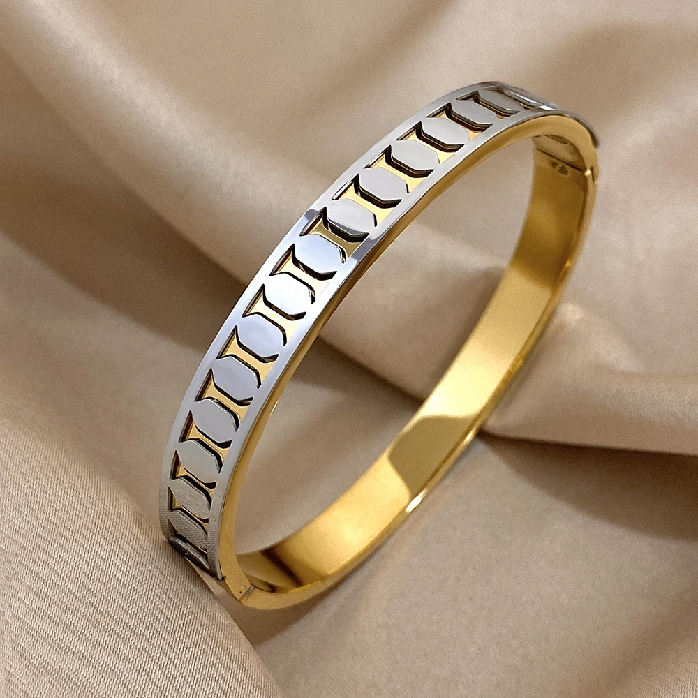 أزياء هندسية الذهب والفضة اللون الفولاذ المقاوم للصدأ الكفة الأساور للنساء لامعة السلس أساور المعصم مجوهرات للماء #4