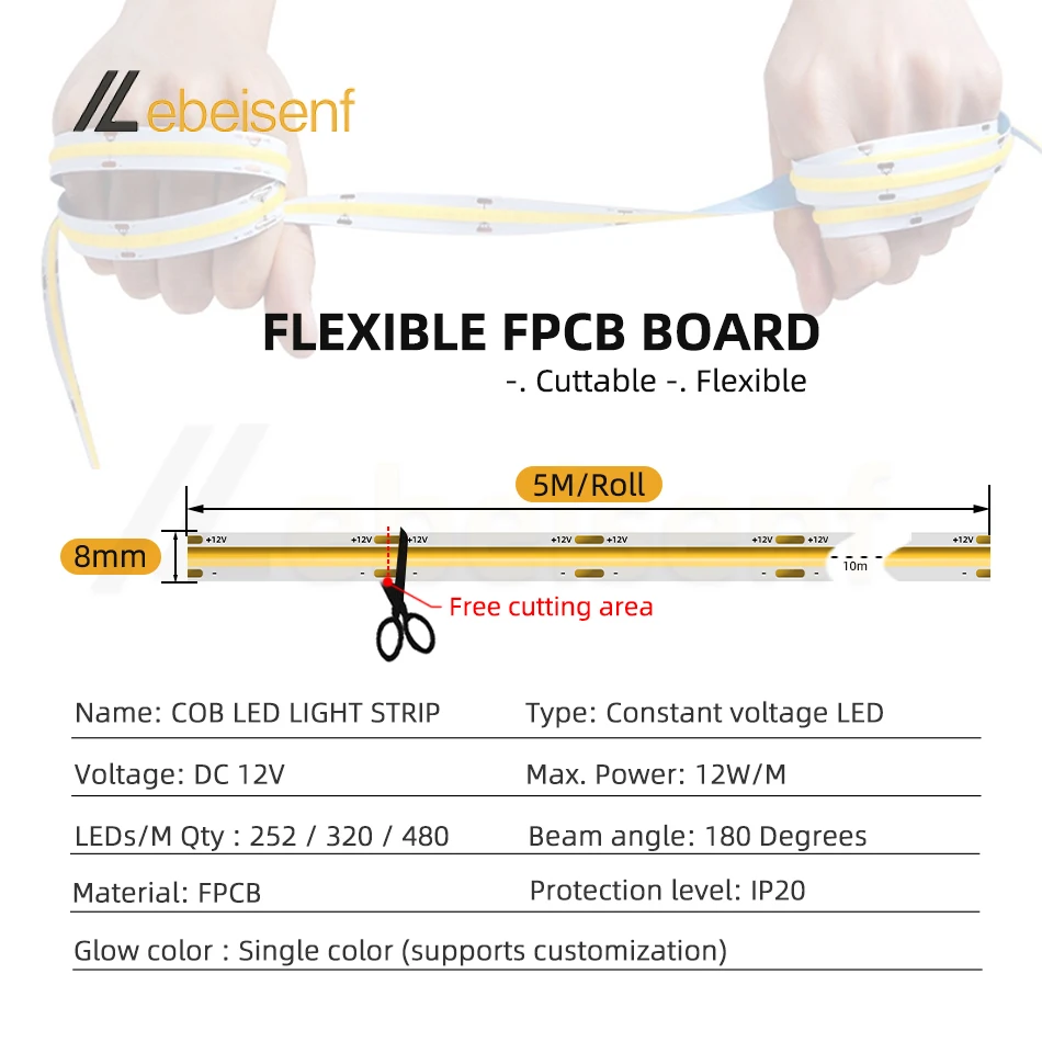 COB LED Strip Light 12V DC Low Voltage Dimmable High Density Flexible Tape Bar Lamp FOB 252 320 480 LEDs/M 3000K 4000K 6000K 5m