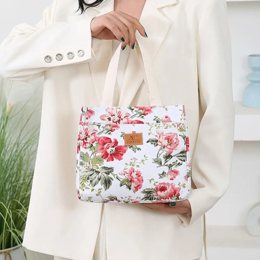 Portable Insulated Floral Print Lunch Bag Zippered Foil Lining Thermal Picnic Bag Large Capacity Japanese Style Tote Bag Worker