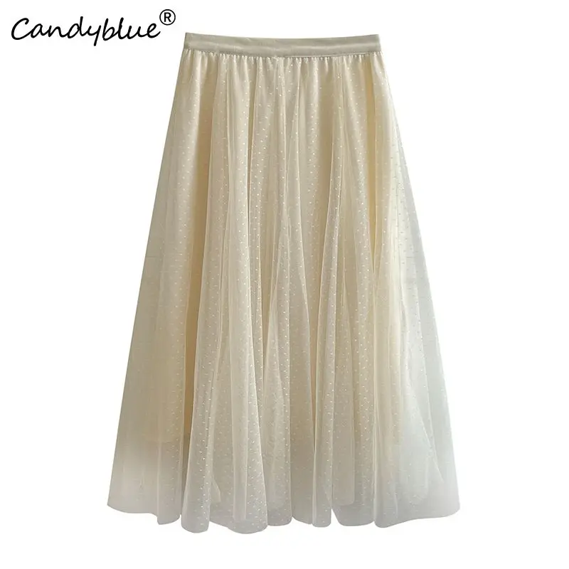 

Clothes For Women Spring And Summer 2023 New High Waist Temperament Fine Wave Dot Net Yarn Spliced Mid Length Large Swing Skirt