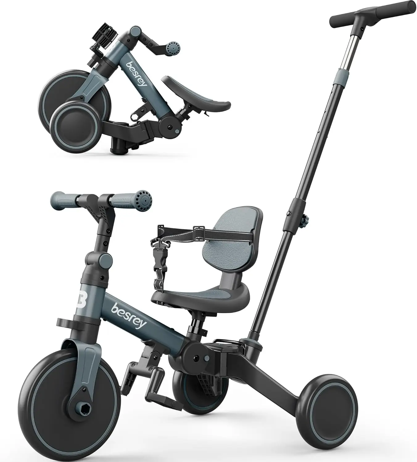 5 in 1 Toddler Bike, Toddler Tricycle for 1-3 Year Old, Trike with Push Handle, Backrest and Safety Belt, Birthday Gifts and Toy