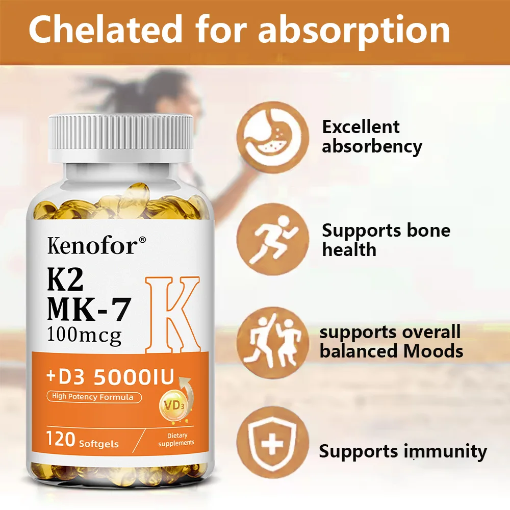 Vitamin D3 K2 |   5000 IE aus Vitamin D und 100 μg MK-7-Komplex |   120 Softgel-Kapseln |   Nicht-GMO- und glutenfreies Ergänzung