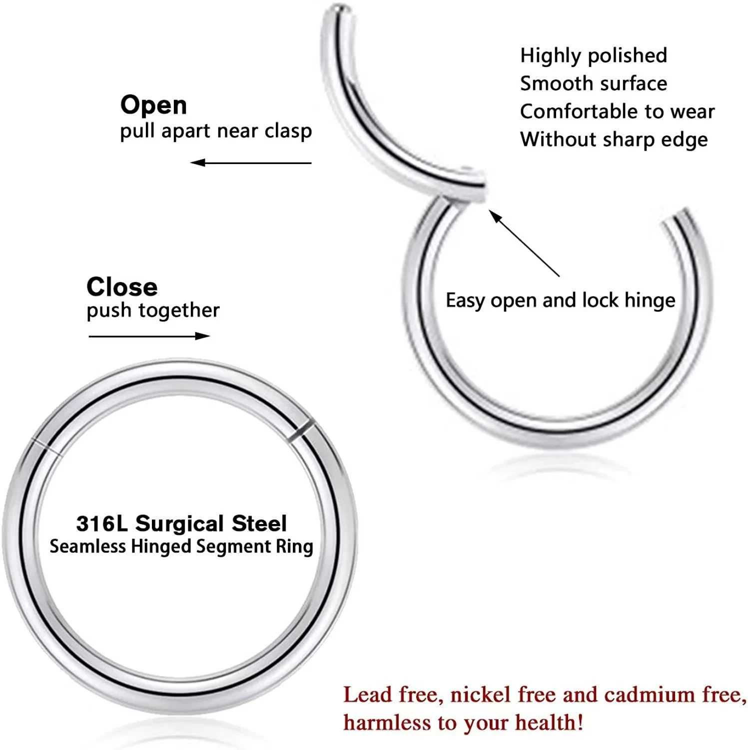 

10PCS 16G Septum Clicker Ring Set 316L Stainless Steel Hinged Segment Hoop Choose Size 6 8 10 12mm