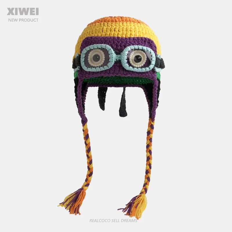 

Нишевые очки с героями мультфильмов, съемные ручные вязаные мужские шапки-бини, зимние забавные термозащитные наушники, шапки-бомберы для женщин