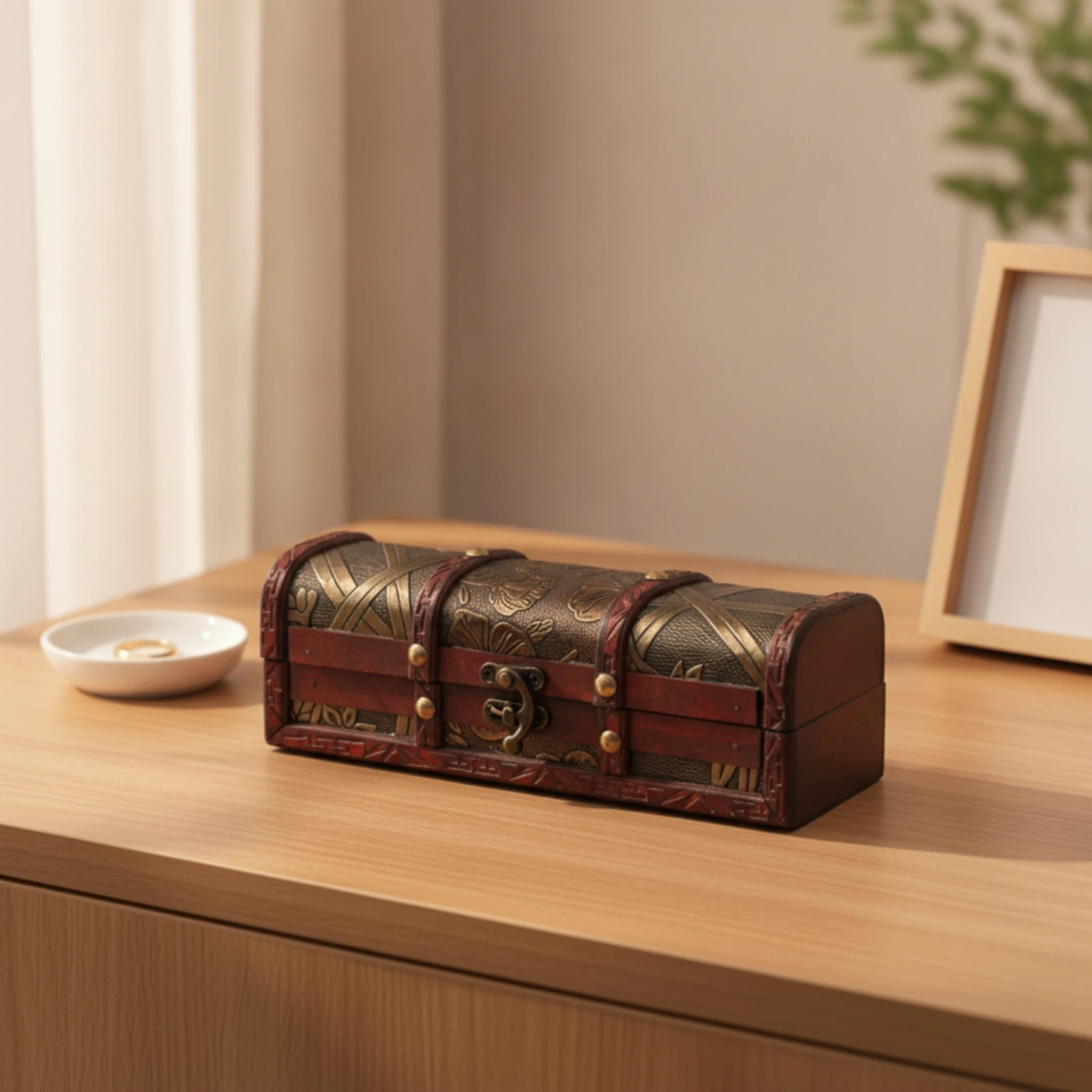 Hairpin Storage Box Vintage-Style Wooden Chest with Hinged Lid Wooden Box with Latch Retro Small for Vanity, Desk