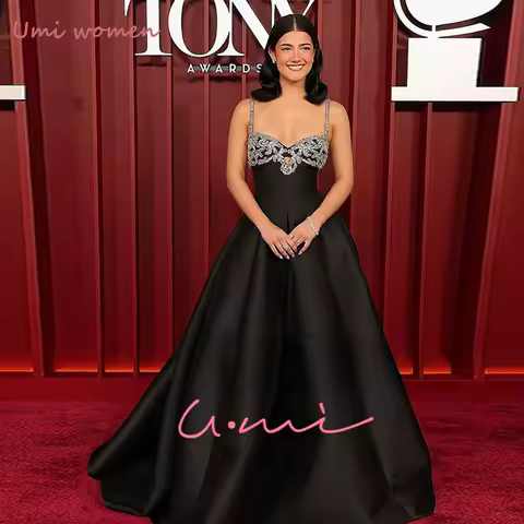 Umi Customized Satin Prom Glitter Crystals Taffeta Long Evening Party Dresses Exquisite Design Celebrity Dress