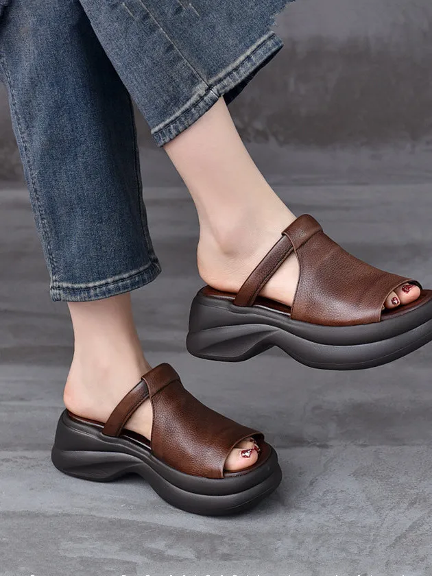 Thick Heel Sandals Women Summer Outdoor Wear Genuine Leather Pure Leather Wedge mid Heel Mom Shoes Slip-On Casual Style