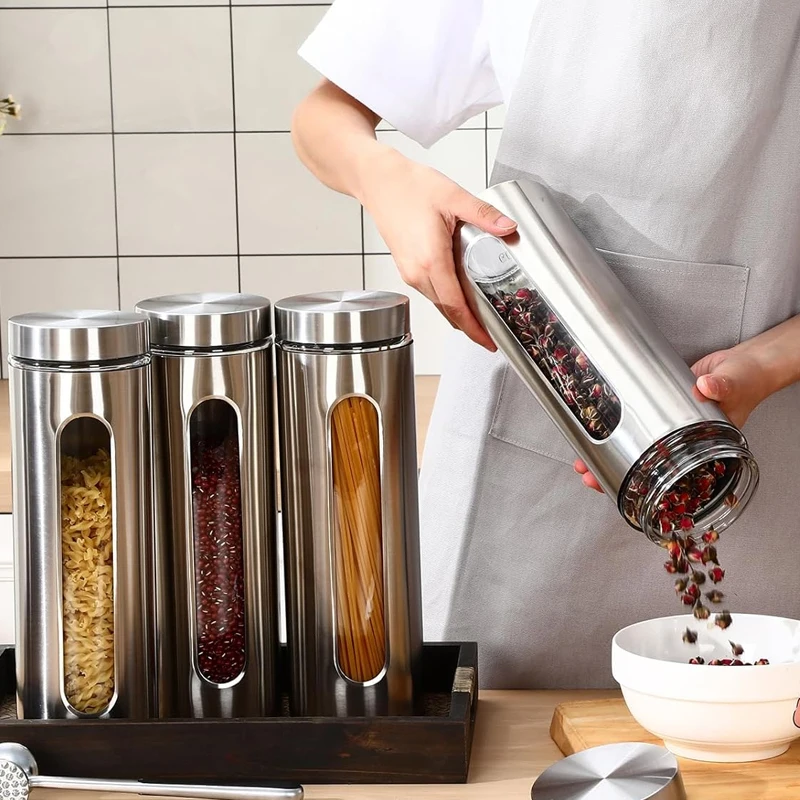 Coffee Canister Stainless Steel Food Storage Jars with Visual Window Kitchen Moisture-proof Tea-leaf Grain Storage Tank