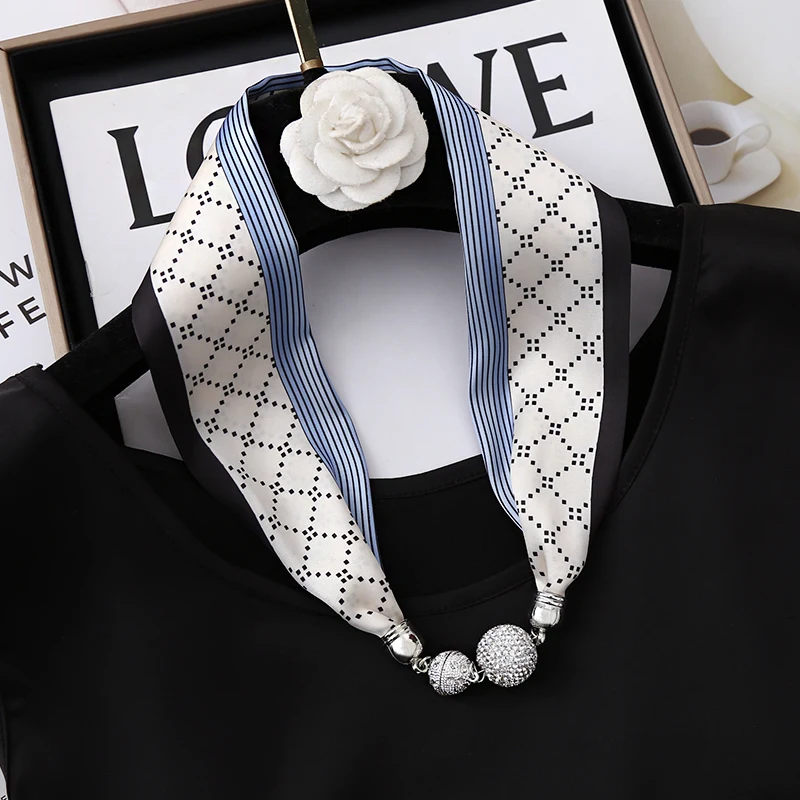 Spring Autumn Fashion Elegant Neck Decoration Rhinstones Ball Magnetic Snap Silk Scarf Letter Printed Women Small Neckerchief