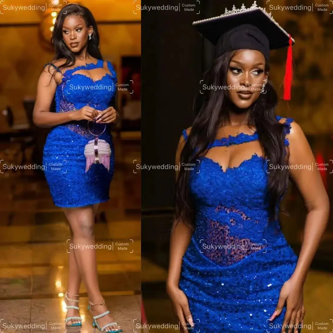 Royal Blue Aso Ebi Cocktail Jurken Sparky Korte Prom Jurken Pure Mini-jurk Verjaardag Graduatie Homecoming Jurken aangepast