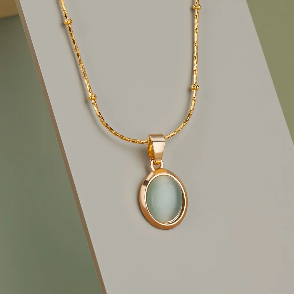Fashion Stone Opal Oval Necklace For Women Stainless Steel Gold Color Green Stone Pendant Necklace Wedding Aesthetic Jewelry Gif image 2