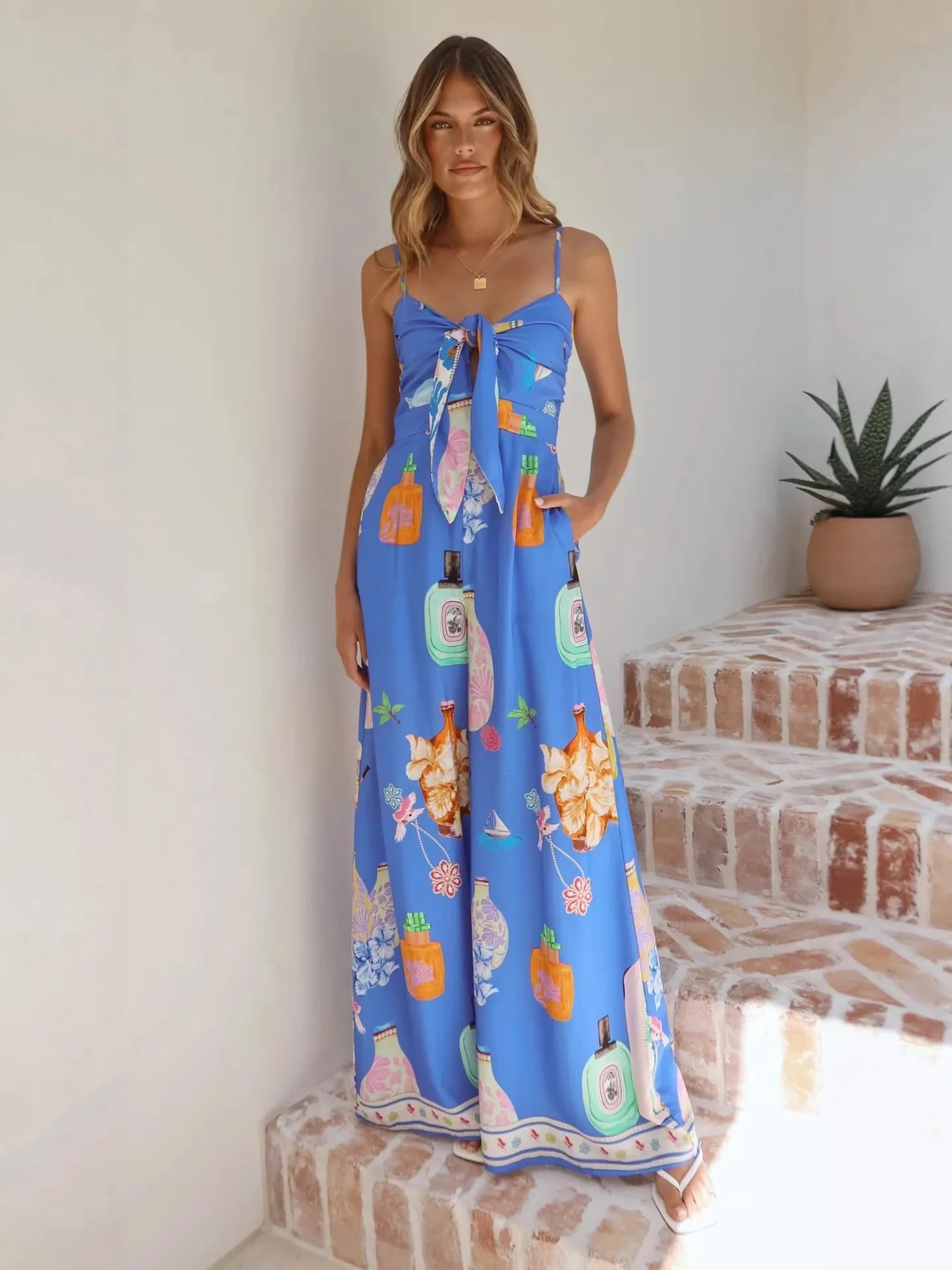 

Sexy Printed Jumpsuit Sle Straight Leg Strap Knot High Waist Long Pants Polyester Fabric Women's One-Piece Suit