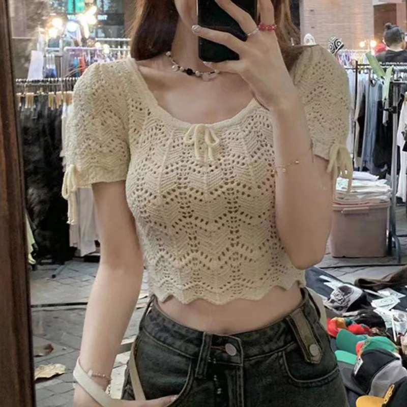 O-neck Crochet Knit Tops Beach Hollow Out T-shirt Short Sleeve Crop Top Solid Short Sleeve Tees Women Clothing Summer Casual