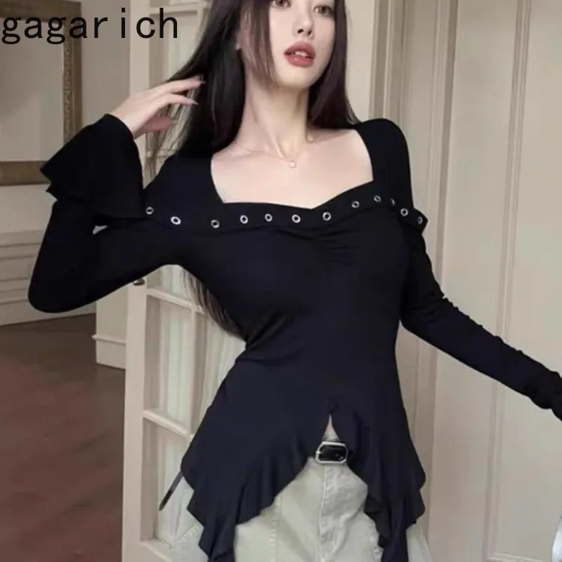 

Onalippa Asian Spicy Girl Punk Square Neck Irregular Ruffle Edge T-shirt 2025 Summer Y2K Long Sleeved Waist Slimming Women Top