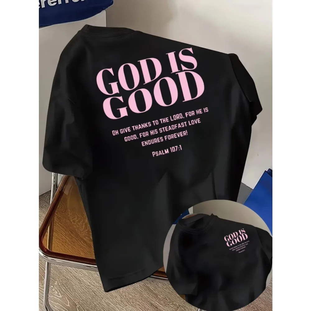 God Is Good, Thank the Lord Print Tshirt Short Sleeve Crew Neck Casual Top for Summer Spring, Women's Clothing