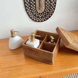 Handwoven Basket for Candy Nuts Snacks Rattan Divider Storage Box with Lid Jewelry Storag Case Natural Rattan Box 4 Grid