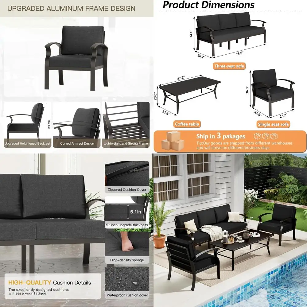 

5-Seat Metal Outdoor Patio Furniture Set with Coffee Table and Washable Cushions, Ideal for Backyard or Patio, Black