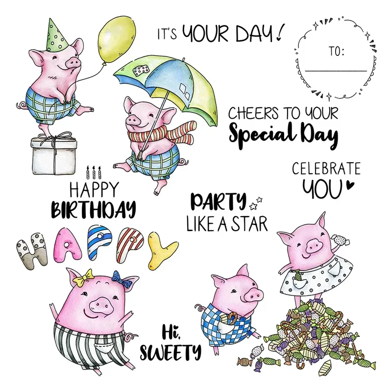 

Happy Birthday To Funny Pigs Cutting Dies Clear Stamp DIY Scrapbooking Metal Dies Silicone Stamp For Cards Albums