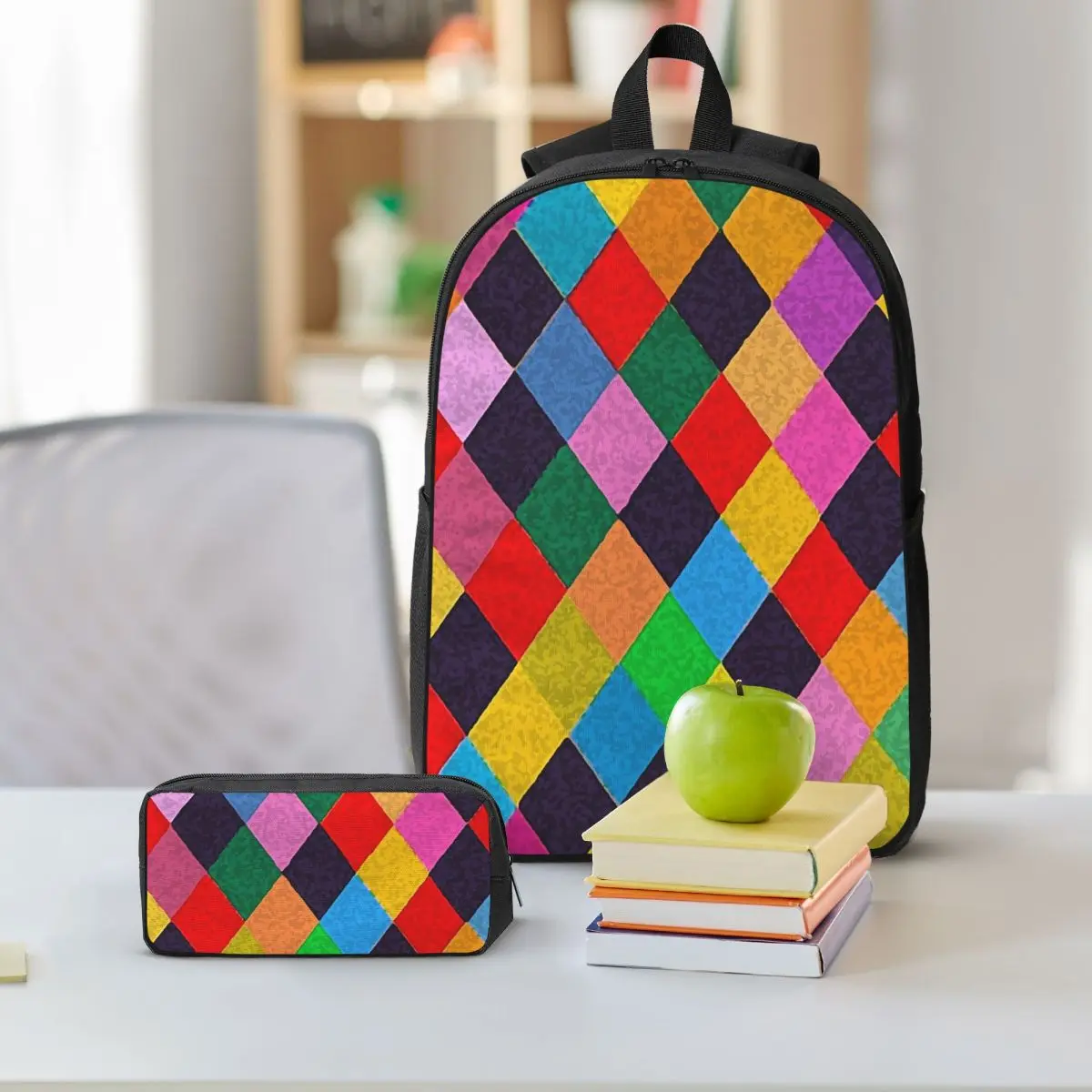 Mardi Gras Harlequin Plaid Playing Cards Rhombi Backpack BookBag School Bag Shoulder Bags 3ps Insulated Lunch Bag Pencil Case