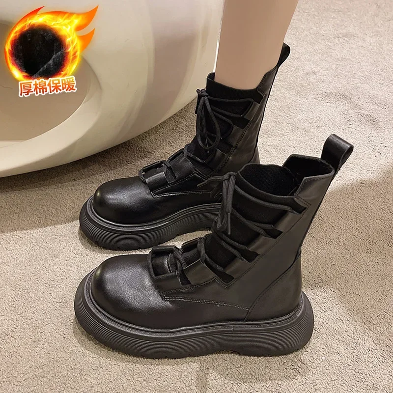 Autumn Chunky Platform Ankle Boots Women New Winter Fleece Warm Motorcycle Boots Female Lace Up Non Slip Leather Combat Boots