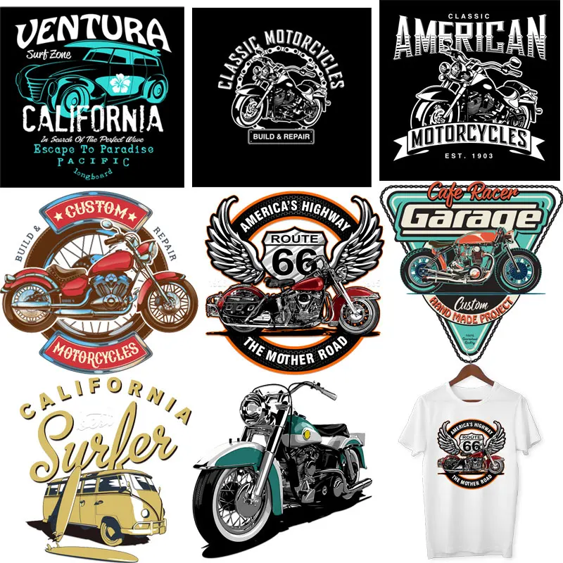 Route 66 Motorcycle Sign Iron on Transfers for Clothing Thermoadhesive Patches Fusible Patch for Clothes Vintage Car Stickers