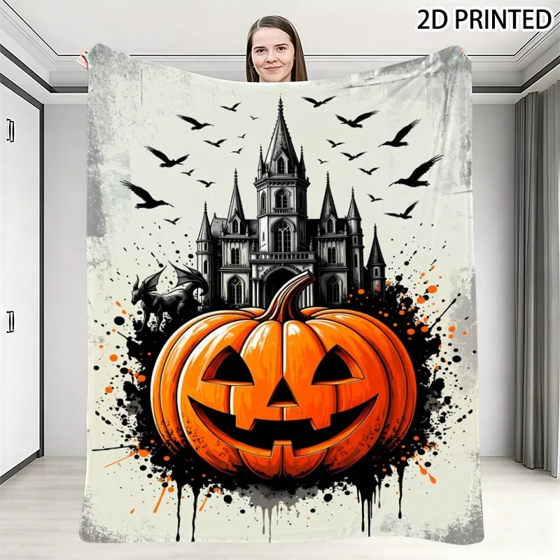 Spooky Halloween Pumpkin Haunted Mansion Scene Throw Blanket Cozy Fall Decor Gothic Style Art Print